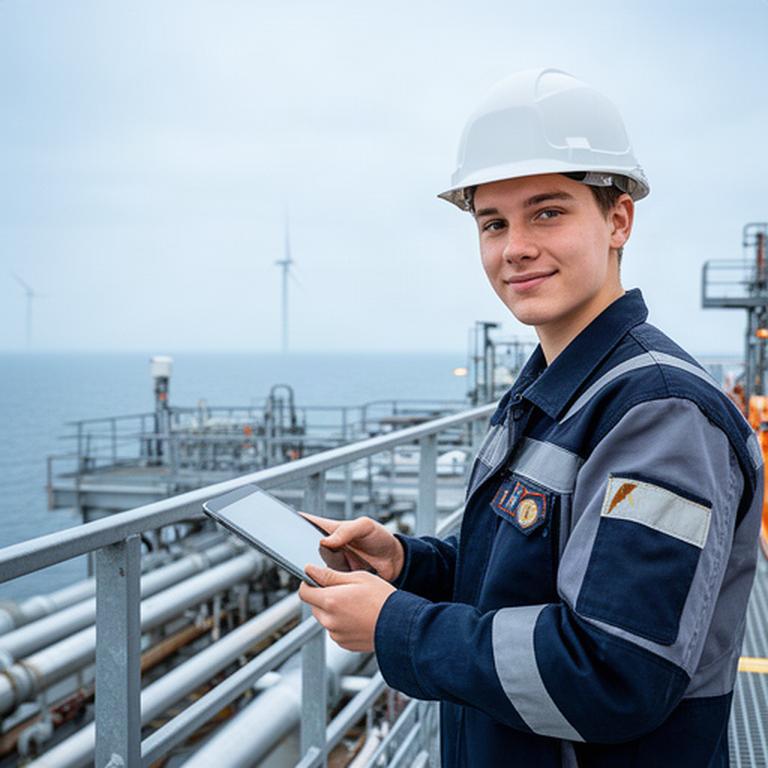 Jonge hbo-ingenieur met helm en tablet op een offshore werklocatie in Noord-Holland