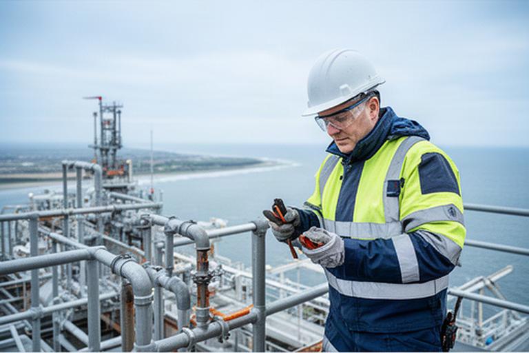 Technisch onderhoudsmonteur in beschermende werkkleding bij een maritieme installatie aan de Noord-Hollandse kust